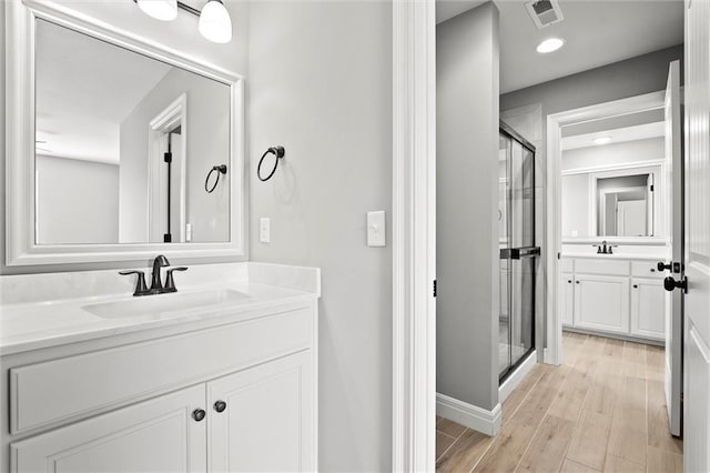 704 SW Admiral Byrd Dr, Lees Summit, MO 64082 - bathroom with a shower stall, vanity, and wood finished floors