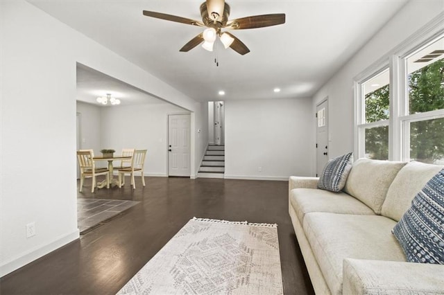 5015 S Marion Ave, Independence, MO 64055 - living area featuring stairway, a ceiling fan, wood finished floors, and recessed lighting