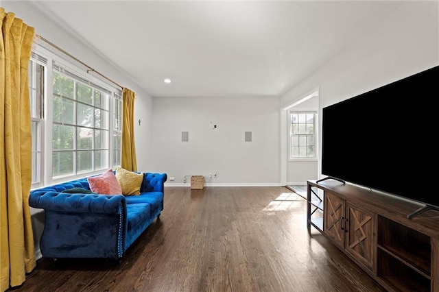 331 E 100th Ter, Kansas City, MO 64114 - living room featuring dark wood-style floors, healthy amount of natural light, and recessed lighting