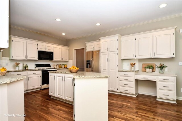 11912 W 132nd St, Overland Park, KS 66213 - kitchen with stainless steel fridge with ice dispenser, black microwave, white gas range, crown molding, and white cabinetry