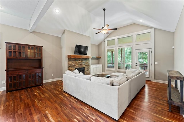 4890 NW Linder Ln, Riverside, MO 64150 - living area with ceiling fan, dark wood-type flooring, a stone fireplace, vaulted ceiling, and recessed lighting