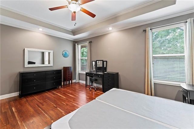 4890 NW Linder Ln, Riverside, MO 64150 - bedroom with a tray ceiling, crown molding, wood finished floors, recessed lighting, and ceiling fan