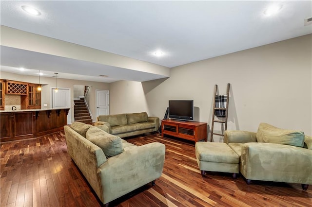4890 NW Linder Ln, Riverside, MO 64150 - living room featuring dark wood-style flooring and recessed lighting