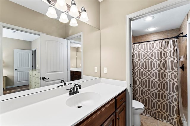 4890 NW Linder Ln, Riverside, MO 64150 - full bathroom with vanity, curtained shower, a chandelier, and tile patterned flooring