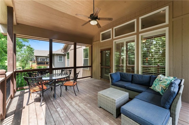 4890 NW Linder Ln, Riverside, MO 64150 - wooden terrace with outdoor dining area, outdoor lounge area, and ceiling fan