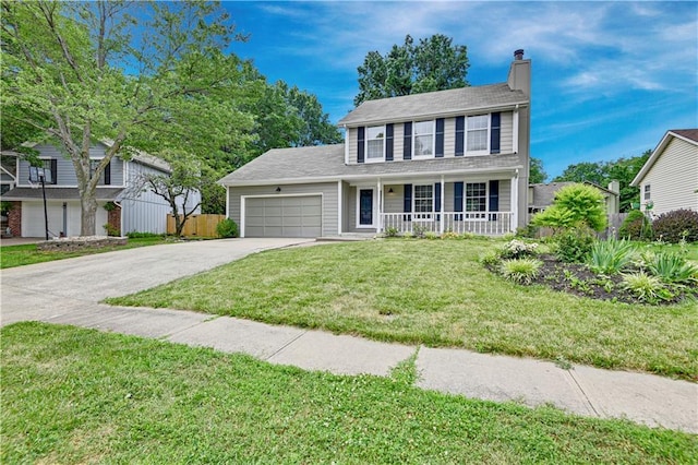 16117 W 125th Ter, Olathe, KS 66062 - view of front facade featuring an attached garage, a porch, a chimney, driveway, and a front lawn