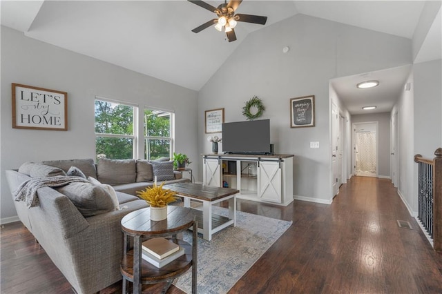 2712 E Sycamore St, Tonganoxie, KS 66086 - living area featuring high vaulted ceiling, ceiling fan, and wood finished floors