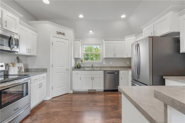 2712 E Sycamore St, Tonganoxie, KS 66086 - kitchen featuring stainless steel appliances, white cabinets, light countertops, dark wood-style flooring, and recessed lighting