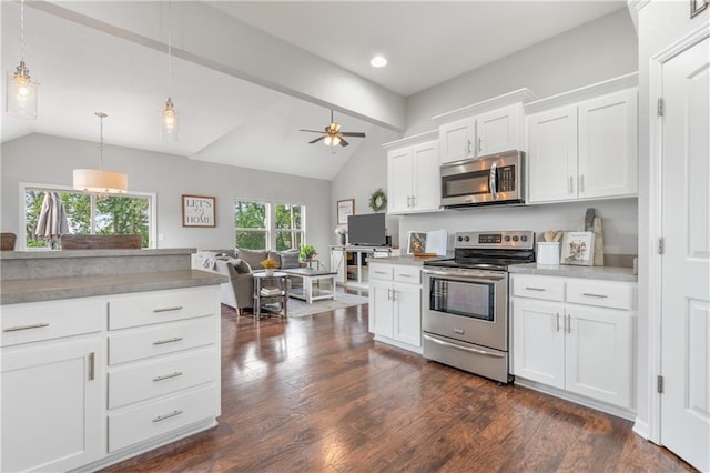 2712 E Sycamore St, Tonganoxie, KS 66086 - kitchen with stainless steel appliances, white cabinets, light countertops, decorative light fixtures, and ceiling fan