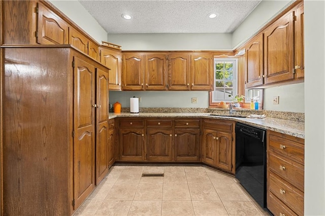 3602 S Sweeney Rd, Grain Valley, MO 64029 - kitchen with dishwasher, brown cabinets, a textured ceiling, light tile patterned floors, and light stone counters