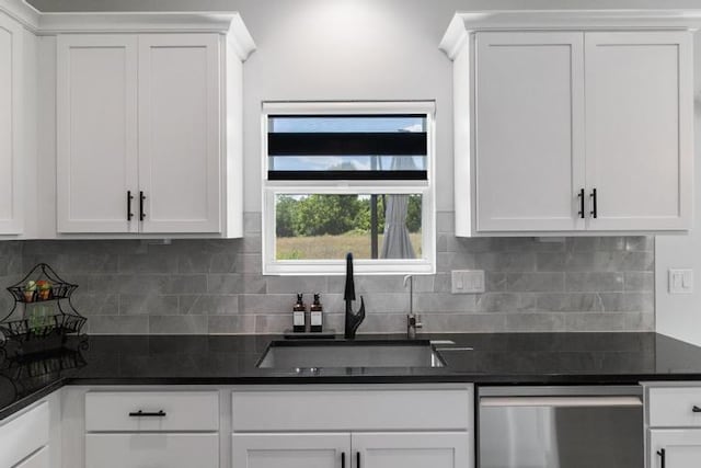 3102 Katy Trail Dr, Harrisonville, MO 64701 - kitchen featuring stainless steel dishwasher, white cabinetry, and backsplash