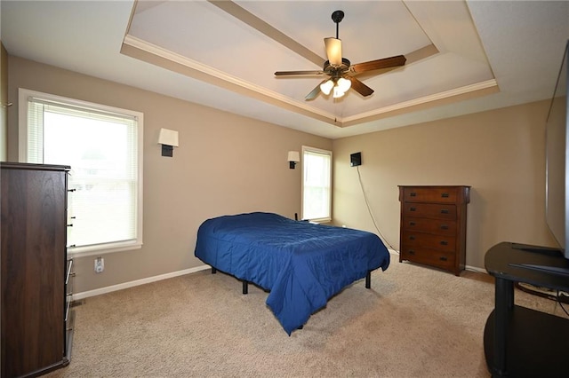 19617 Harbor Dr, Smithville, MO 64089 - bedroom with a raised ceiling, multiple windows, carpet floors, crown molding, and ceiling fan