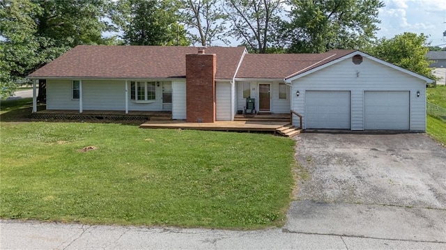 211 Southside Ct, Excelsior Springs, MO 64024 - ranch-style house featuring a chimney, driveway, covered porch, an attached garage, and a front yard