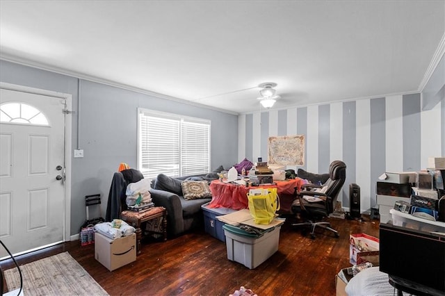 900 S Hunter Dr, Olathe, KS 66061 - home office featuring plenty of natural light, crown molding, wood-type flooring, a ceiling fan, and wallpapered walls