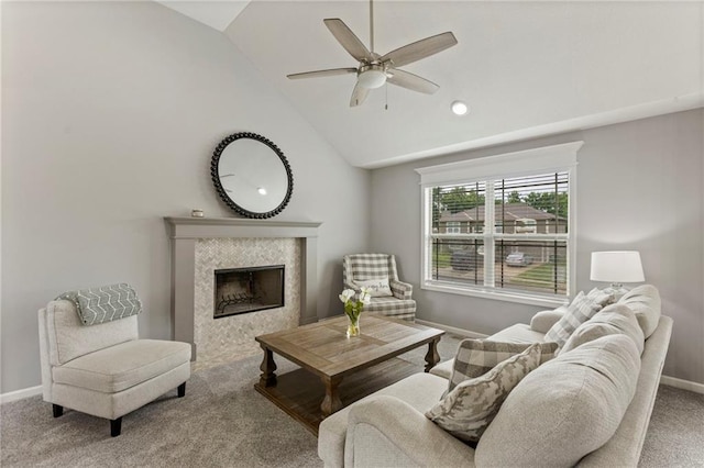 20335 W 220th Ter, Spring Hill, KS 66083 - carpeted living area with ceiling fan, a fireplace, and vaulted ceiling
