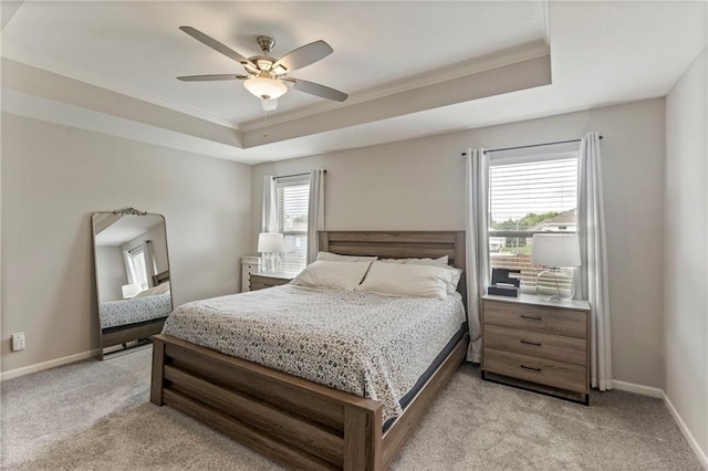 20335 W 220th Ter, Spring Hill, KS 66083 - bedroom with a tray ceiling, light carpet, ornamental molding, and a ceiling fan