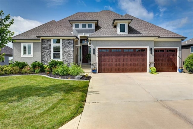 14423 N 145th St, Basehor, KS 66007 - view of front of house featuring stone siding, a garage, a front lawn, roof with shingles, and stucco siding