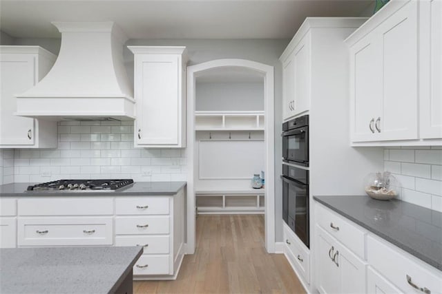 14423 N 145th St, Basehor, KS 66007 - kitchen with premium range hood, stainless steel appliances, light wood-type flooring, white cabinets, and dark stone countertops