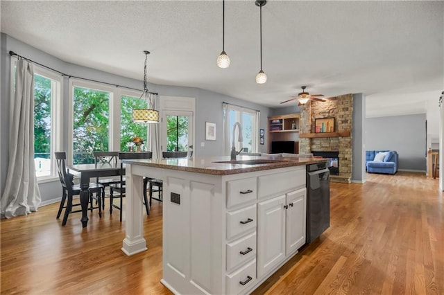 23852 W 124th Ct, Olathe, KS 66061 - kitchen featuring plenty of natural light, a fireplace, dishwasher, ceiling fan, and a textured ceiling