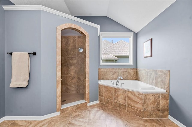 23852 W 124th Ct, Olathe, KS 66061 - bathroom with a bath, tiled shower, and vaulted ceiling