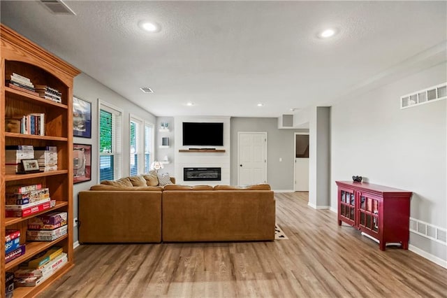 23852 W 124th Ct, Olathe, KS 66061 - living area featuring light wood finished floors, a glass covered fireplace, recessed lighting, and a textured ceiling