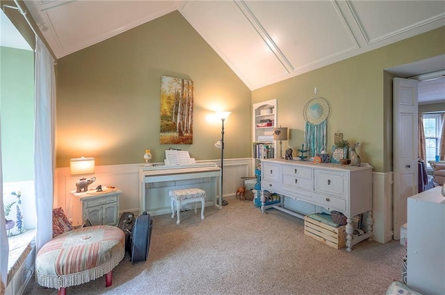 12432 Lamar Ave, Overland Park, KS 66209 - living area with attic access, wainscoting, carpet floors, lofted ceiling, and a decorative wall
