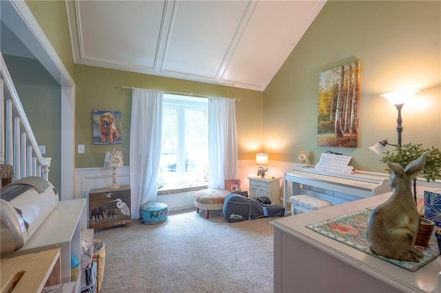 12432 Lamar Ave, Overland Park, KS 66209 - sitting room with vaulted ceiling, carpet floors, and stairway