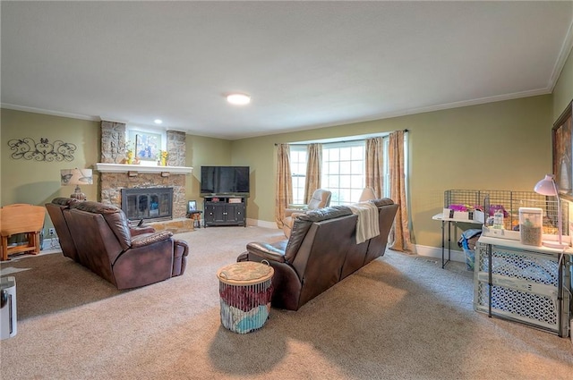12432 Lamar Ave, Overland Park, KS 66209 - carpeted living room with ornamental molding and a stone fireplace
