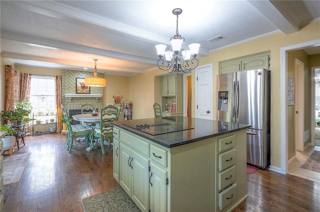 12432 Lamar Ave, Overland Park, KS 66209 - kitchen featuring black electric stovetop, stainless steel refrigerator with ice dispenser, green cabinets, a chandelier, and dark countertops