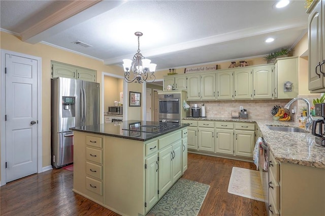12432 Lamar Ave, Overland Park, KS 66209 - kitchen featuring stainless steel appliances, a chandelier, ornamental molding, decorative backsplash, and dark wood-style floors
