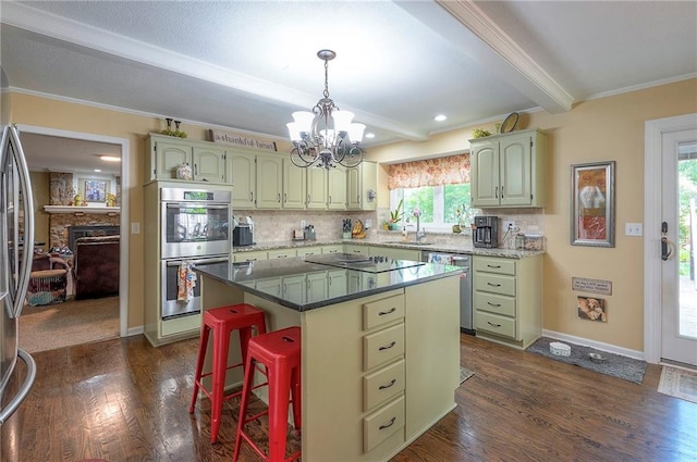 12432 Lamar Ave, Overland Park, KS 66209 - kitchen with stainless steel appliances, tasteful backsplash, a chandelier, dark wood-type flooring, and ornamental molding