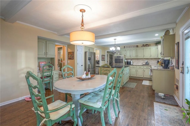 12432 Lamar Ave, Overland Park, KS 66209 - dining room featuring ornamental molding, dark wood-style floors, beam ceiling, and a chandelier