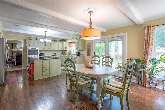 12432 Lamar Ave, Overland Park, KS 66209 - dining room with beam ceiling, healthy amount of natural light, a chandelier, dark wood-style flooring, and ornamental molding