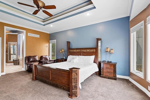 14409 Grandview St, Overland Park, KS 66221 - carpeted bedroom with ornamental molding, multiple windows, recessed lighting, a raised ceiling, and ceiling fan