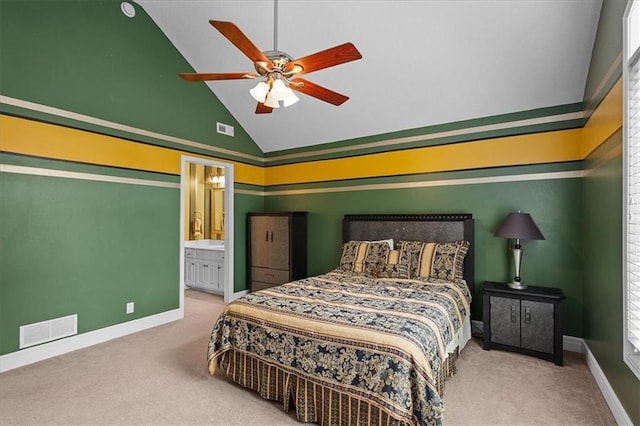14409 Grandview St, Overland Park, KS 66221 - bedroom with carpet, high vaulted ceiling, ceiling fan, and connected bathroom