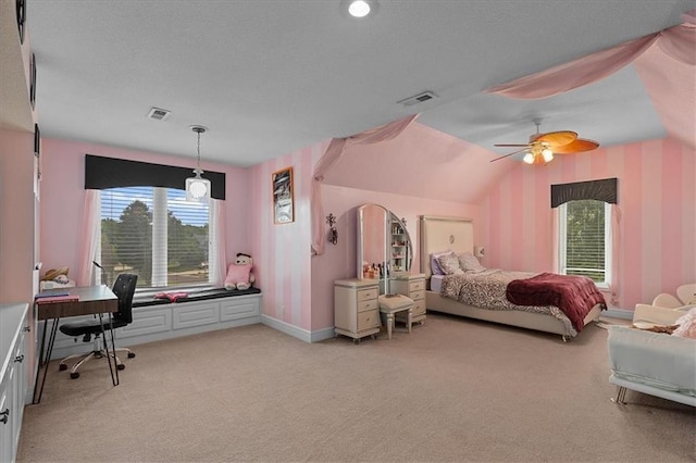 14409 Grandview St, Overland Park, KS 66221 - bedroom with light colored carpet, an office area, ceiling fan, and wallpapered walls