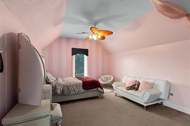 14409 Grandview St, Overland Park, KS 66221 - bedroom featuring lofted ceiling, carpet, wallpapered walls, a textured ceiling, and ceiling fan