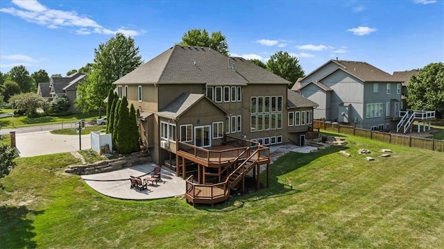 14409 Grandview St, Overland Park, KS 66221 - back of house featuring a patio area, a wooden deck, a shingled roof, and stairway