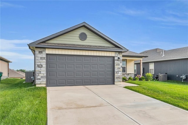 20367 W 193rd Ter, Spring Hill, KS 66083 - ranch-style home with stone siding, concrete driveway, a front yard, and an attached garage