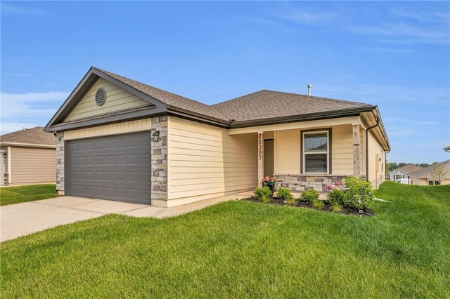 20367 W 193rd Ter, Spring Hill, KS 66083 - ranch-style home featuring an attached garage, stone siding, a front yard, and driveway