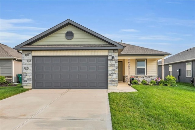 20367 W 193rd Ter, Spring Hill, KS 66083 - single story home with stone siding, concrete driveway, a front lawn, and an attached garage