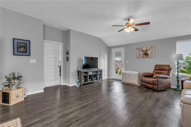 20367 W 193rd Ter, Spring Hill, KS 66083 - living room featuring a ceiling fan, dark wood-style flooring, and lofted ceiling