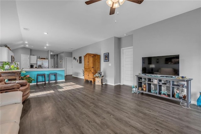 20367 W 193rd Ter, Spring Hill, KS 66083 - living area with a ceiling fan, dark wood-style floors, recessed lighting, and lofted ceiling