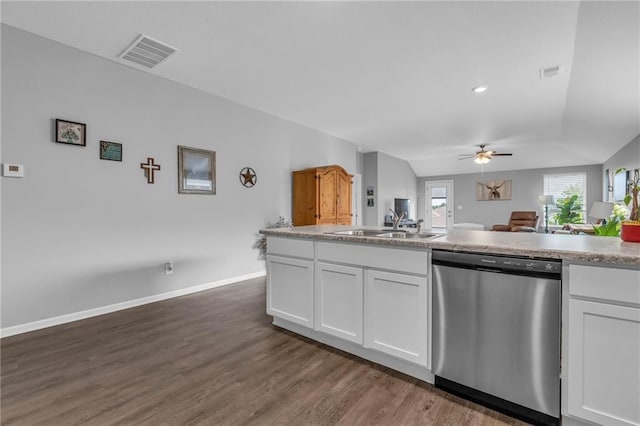 20367 W 193rd Ter, Spring Hill, KS 66083 - kitchen with stainless steel dishwasher, white cabinets, dark wood-style floors, and ceiling fan
