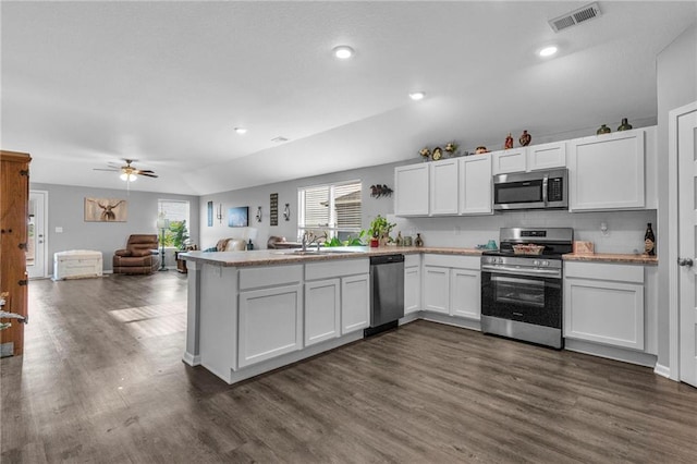 20367 W 193rd Ter, Spring Hill, KS 66083 - kitchen with appliances with stainless steel finishes, a peninsula, white cabinetry, dark wood finished floors, and open floor plan
