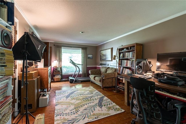 25421 Marel Rd, Excelsior Springs, MO 64024 - home office with crown molding, wood finished floors, and a textured ceiling