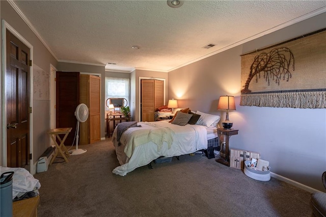25421 Marel Rd, Excelsior Springs, MO 64024 - bedroom featuring ornamental molding, carpet, multiple closets, a textured ceiling, and baseboard heating