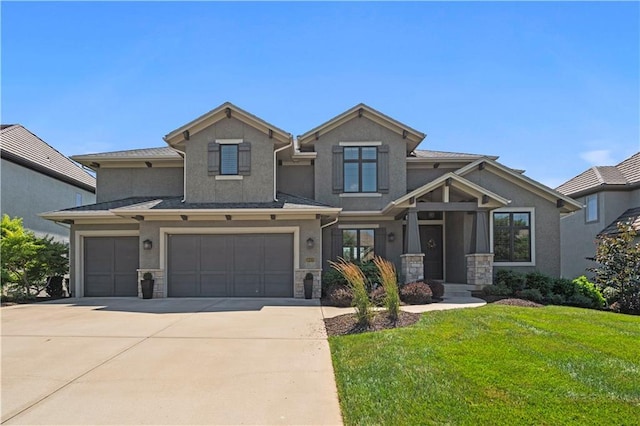 16420 Lucille St, Overland Park, KS 66221 - view of front facade with stucco siding, stone siding, concrete driveway, a front yard, and a garage