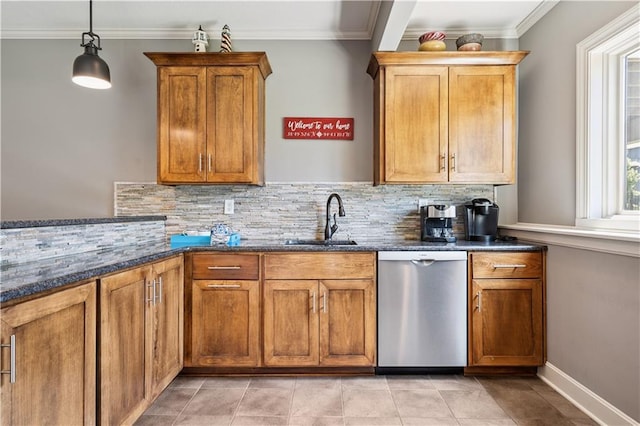 16420 Lucille St, Overland Park, KS 66221 - kitchen with stainless steel dishwasher, tasteful backsplash, dark stone counters, plenty of natural light, and ornamental molding