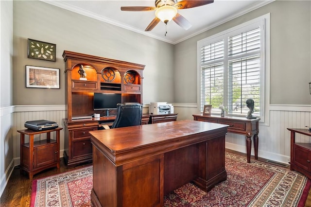 16420 Lucille St, Overland Park, KS 66221 - office space featuring dark wood finished floors, a ceiling fan, wainscoting, and crown molding